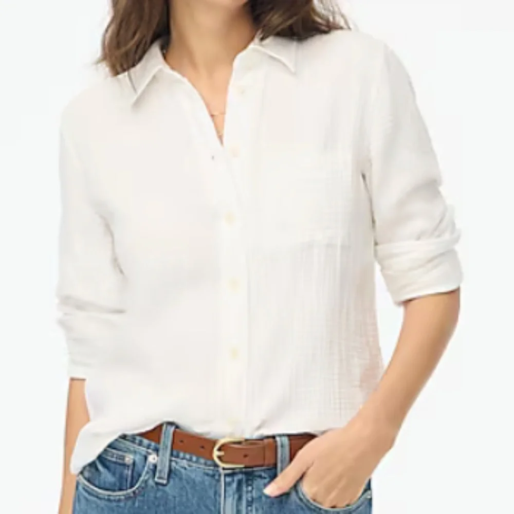 J. Crew White Button-Down Cotton Gauze Shirt, XS